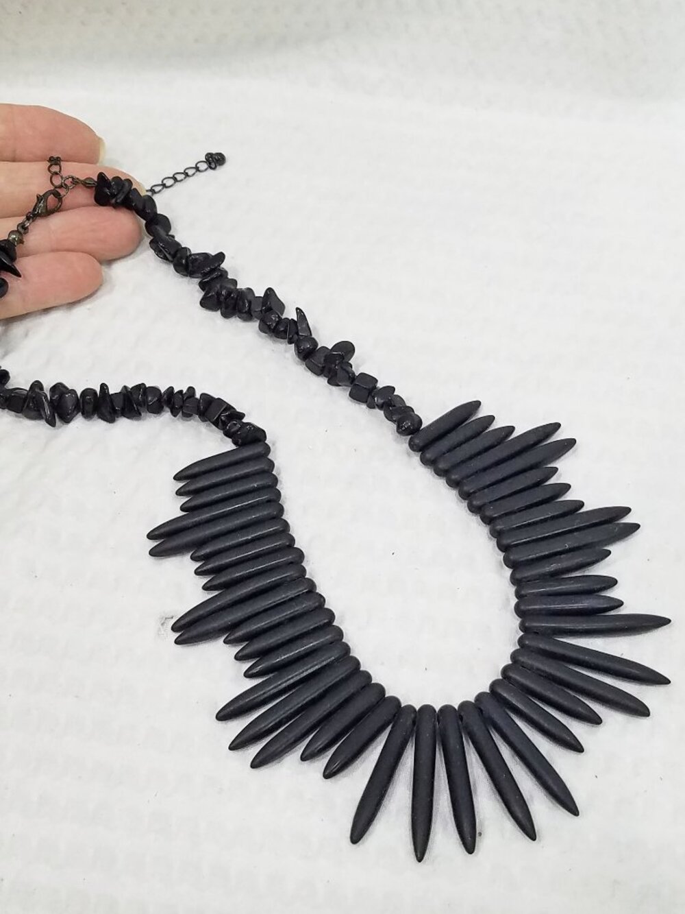 Vintage Tribal Ethnic Black Magnesite Necklace Spikes & Chips Boho Bib Choker